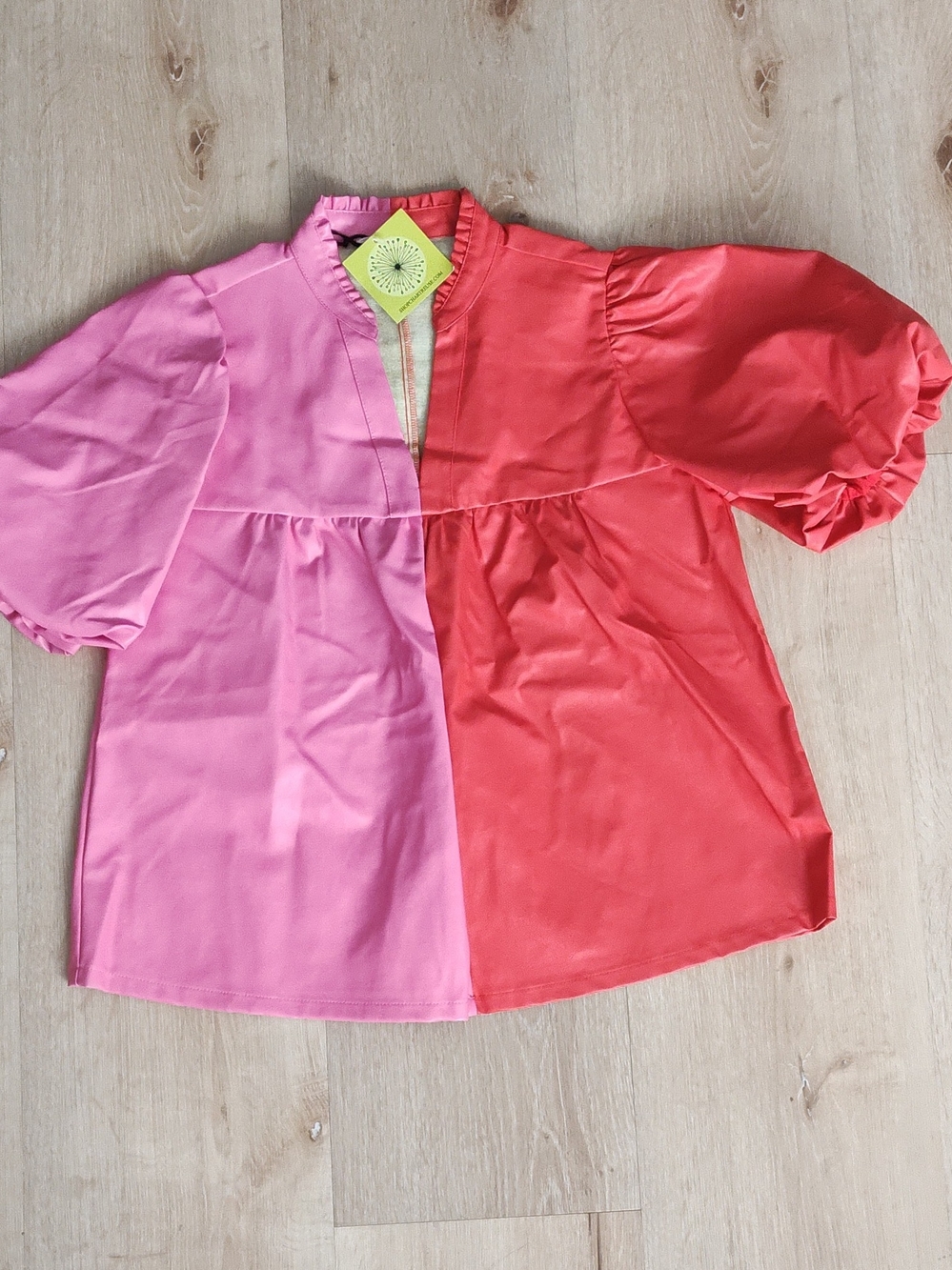 THML Girls Two-Tone Puff Sleeve Blouse in Pink & Coral